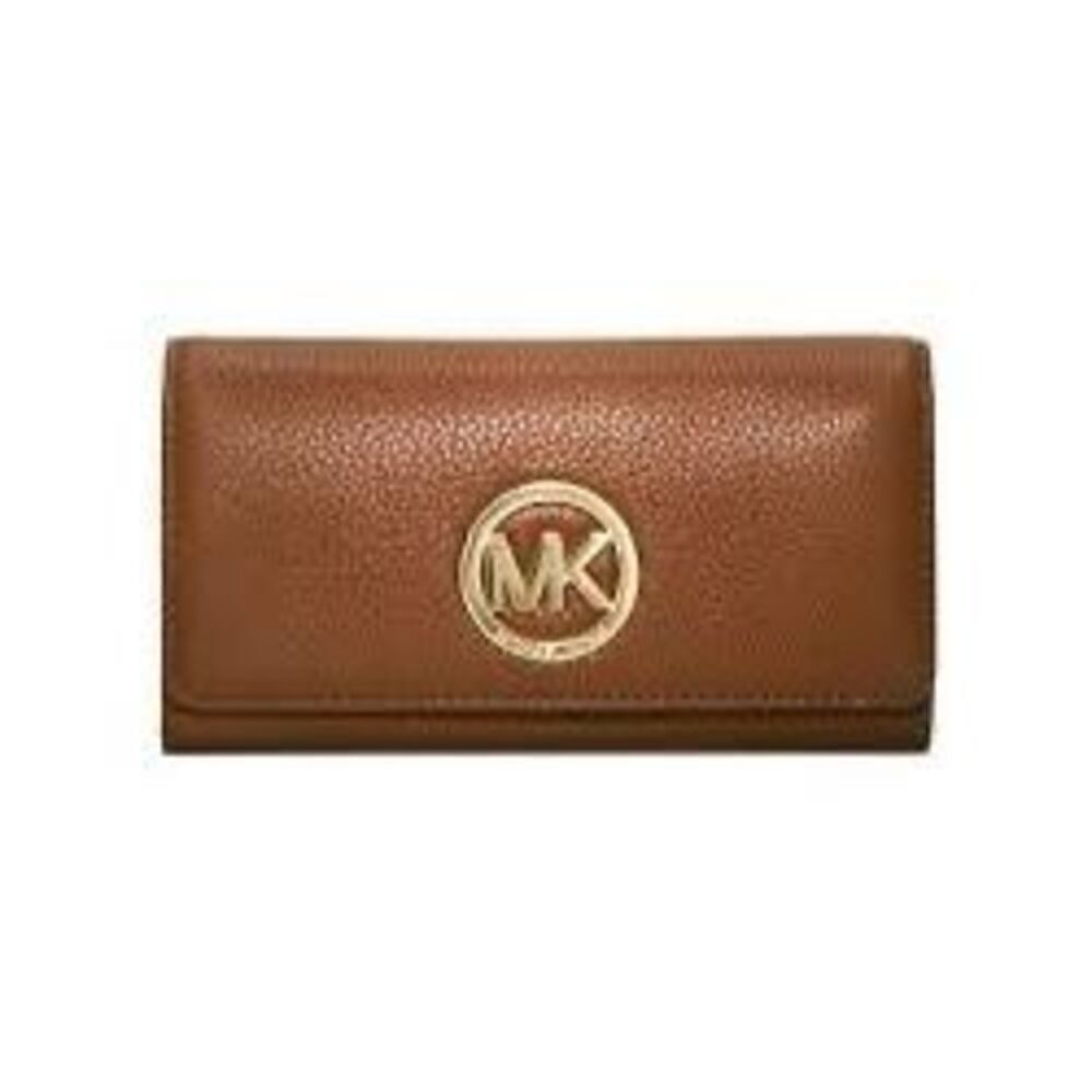 Michael Kors Fulton Carryall Leather Wallet Camel Brown Gold Hardware Classic